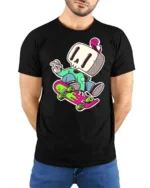 Funky Skater Skeleton Lime Green Jacket Graphic Tee - model wearing black tee with hands behind back