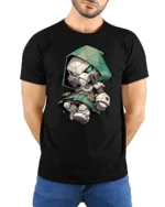 Chibi Doctor Doom Mask Green Hooded Armor Graphic Tee - model wearing black tee with hands behind back