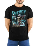 Suave Dapper Skeleton Energy Cocktail Cigar Graphic Tee - model wearing black tee with hands behind back