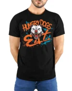 Aggressive Hungry Dogs Eat White Pitbull Splatter Graphic Tee - model wearing black tee with hands behind back