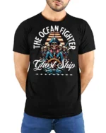 Thrilling The Ocean Fighter Ghost Ship Pirate Crew Tshirt - model wearing black tee with hands behind back