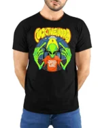 Cheeky Human Routines Are Boring Alien Graphic Tee - model wearing black tee with hands behind back