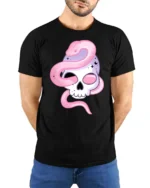 Alluring Pastel Sugar Skull Pink Serpent Graphic Tee - model wearing black tee with hands behind back