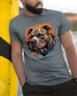 Ferocious Pitbull Portrait Splatter Paint Graphic Tee - model wearing grey tee, leaning on column
