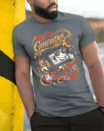 Groovy Generation X Cassette Tape Roller Skate Tshirt - model wearing grey tee, leaning on column