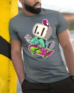 Funky Skater Skeleton Lime Green Jacket Graphic Tee - model wearing grey tee, leaning on column