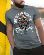 Thrilling The Ocean Fighter Ghost Ship Pirate Crew Tshirt - model wearing grey tee, leaning on column
