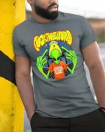 Cheeky Human Routines Are Boring Alien Graphic Tee - model wearing grey tee, leaning on column