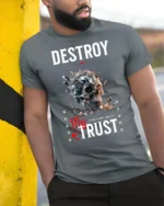 Edgy Destroy My Trust Broken Crystal Skull Gothic Tshirt - model wearing grey tee, leaning on column