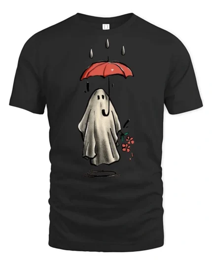 Charming Halloween Ghost Rain Red Umbrella Graphic Tee - black t-shirt on white background