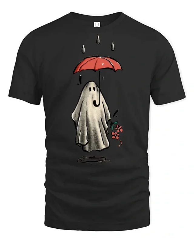 Charming Halloween Ghost Rain Red Umbrella Graphic Tee - black t-shirt on white background