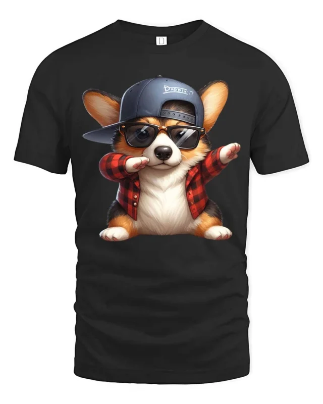 Charming Flannel Corgi Dog Wearing Sunglasses Soft Tshirt - black t-shirt on white background