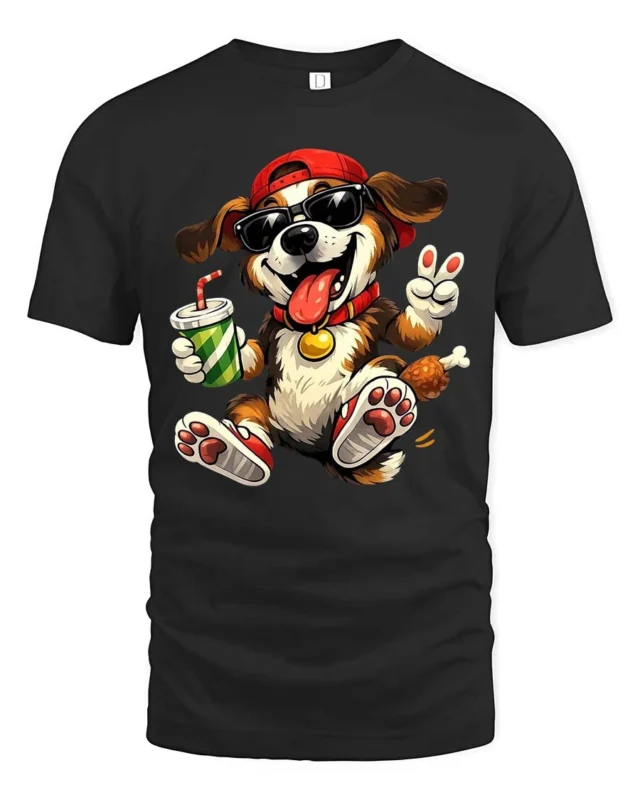 Cheerful Summer Vibe Puppy Drinking Beverage Soft Tshirt - black t-shirt on white background