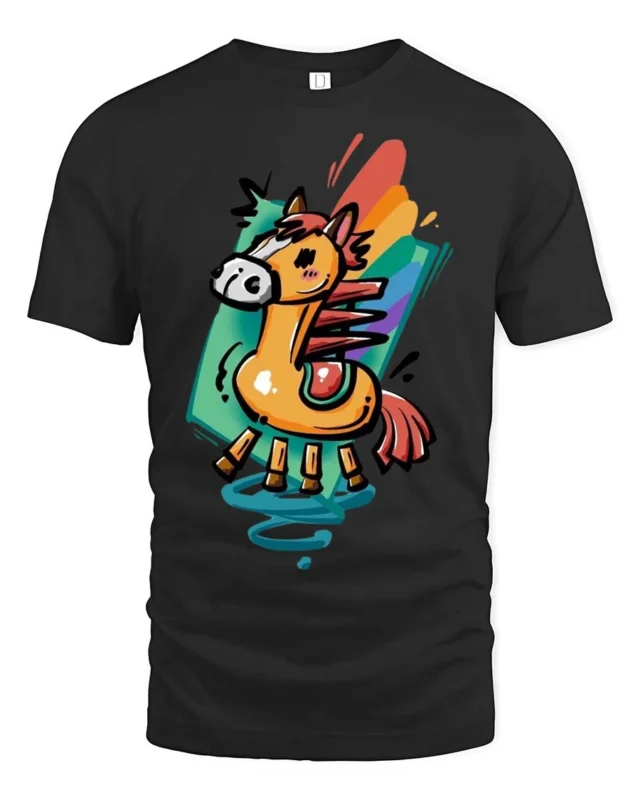 Whimsical Cartoon Horse Rainbow Splash Vibrant Graphic Tee - black t-shirt on white background