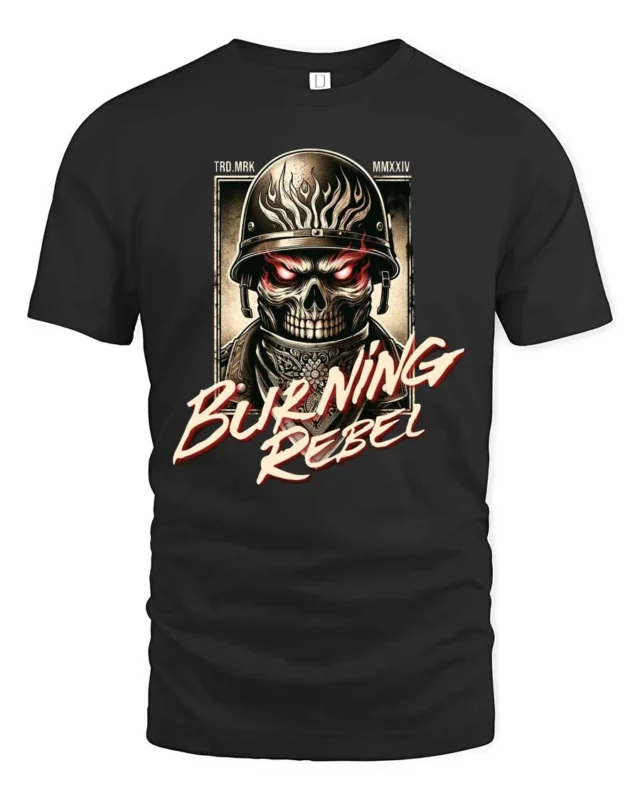 Intimidating Burning Rebel Skull Soldier Helmet Graphic Tee - black t-shirt on white background