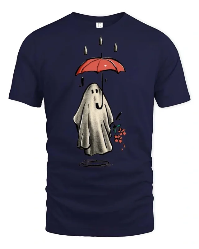 Charming Halloween Ghost Rain Red Umbrella Graphic Tee - navy t-shirt on white background