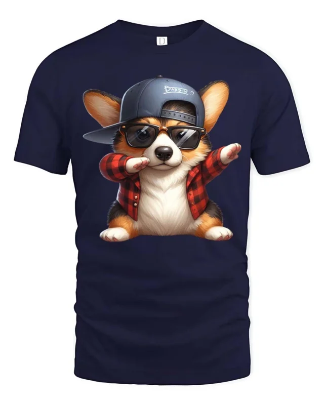 Charming Flannel Corgi Dog Wearing Sunglasses Soft Tshirt - navy t-shirt on white background
