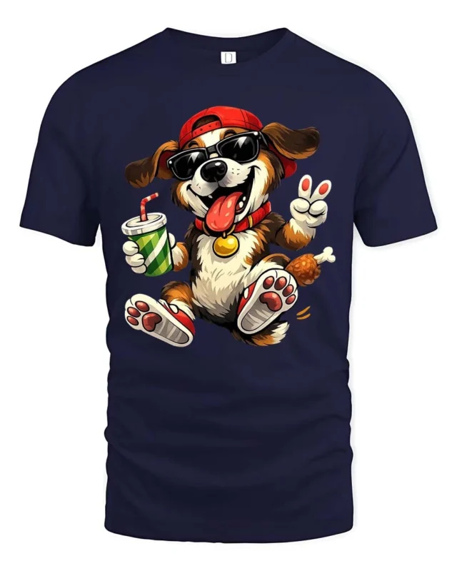 Cheerful Summer Vibe Puppy Drinking Beverage Soft Tshirt - navy t-shirt on white background