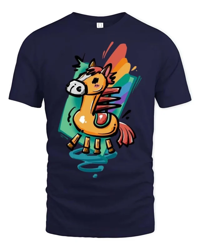 Whimsical Cartoon Horse Rainbow Splash Vibrant Graphic Tee - navy t-shirt on white background