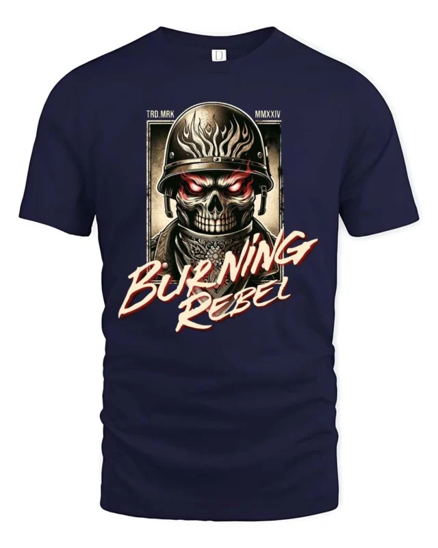 Intimidating Burning Rebel Skull Soldier Helmet Graphic Tee - navy t-shirt on white background