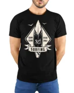 Surfing Surf Club Vintage Style Wave Rider Graphic T Shirt - model wearing black tee with hands behind back