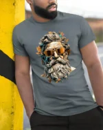 Cool Greek God With Sunglasses Artistic Portrait Graphic T Shirt - model wearing grey tee, leaning on column