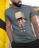 Cool Box Head Streetwear Character Urban Style Graphic T Shirt - model wearing grey tee, leaning on column