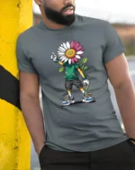 Cool Daisy Head Cartoon Kid Urban Style Graphic Tee Tshirt - model wearing grey tee, leaning on column